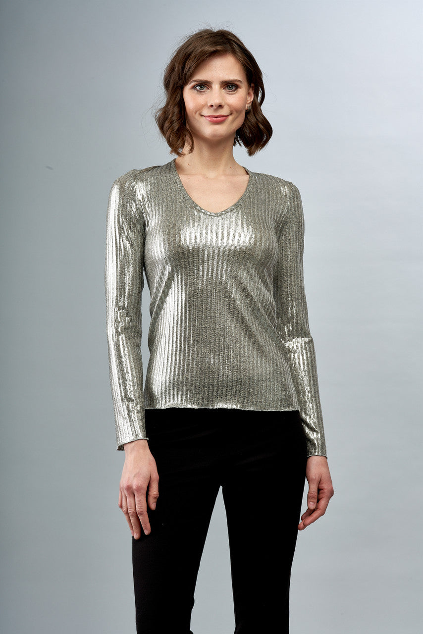 Metallic Rib Knit V Neck Top