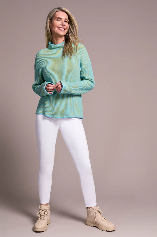 Combed Cotton Two-Tone Rib Funnel Neck Sweater