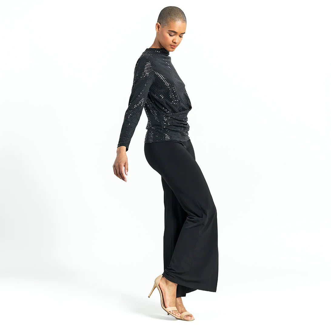 Shimmer Embellished - High Boat Neck Side Draped Top - Black