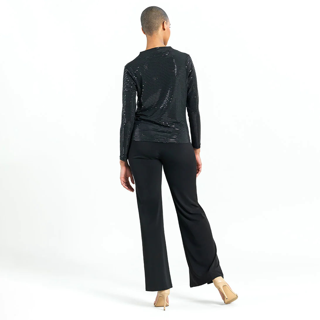 Shimmer Embellished - High Boat Neck Side Draped Top - Black