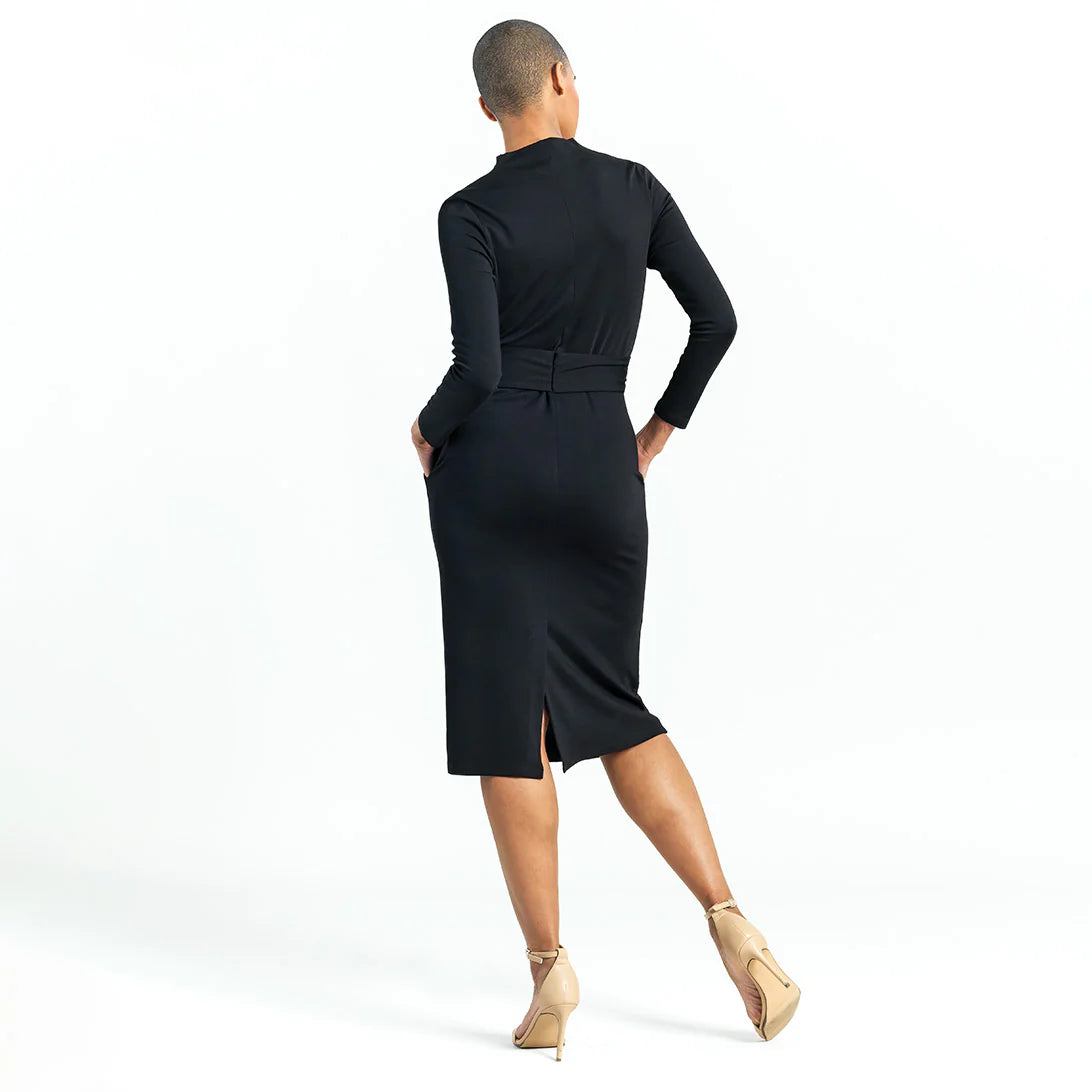 Lightweight Ponte - Tie Waist Pocket Midi Dress - Black