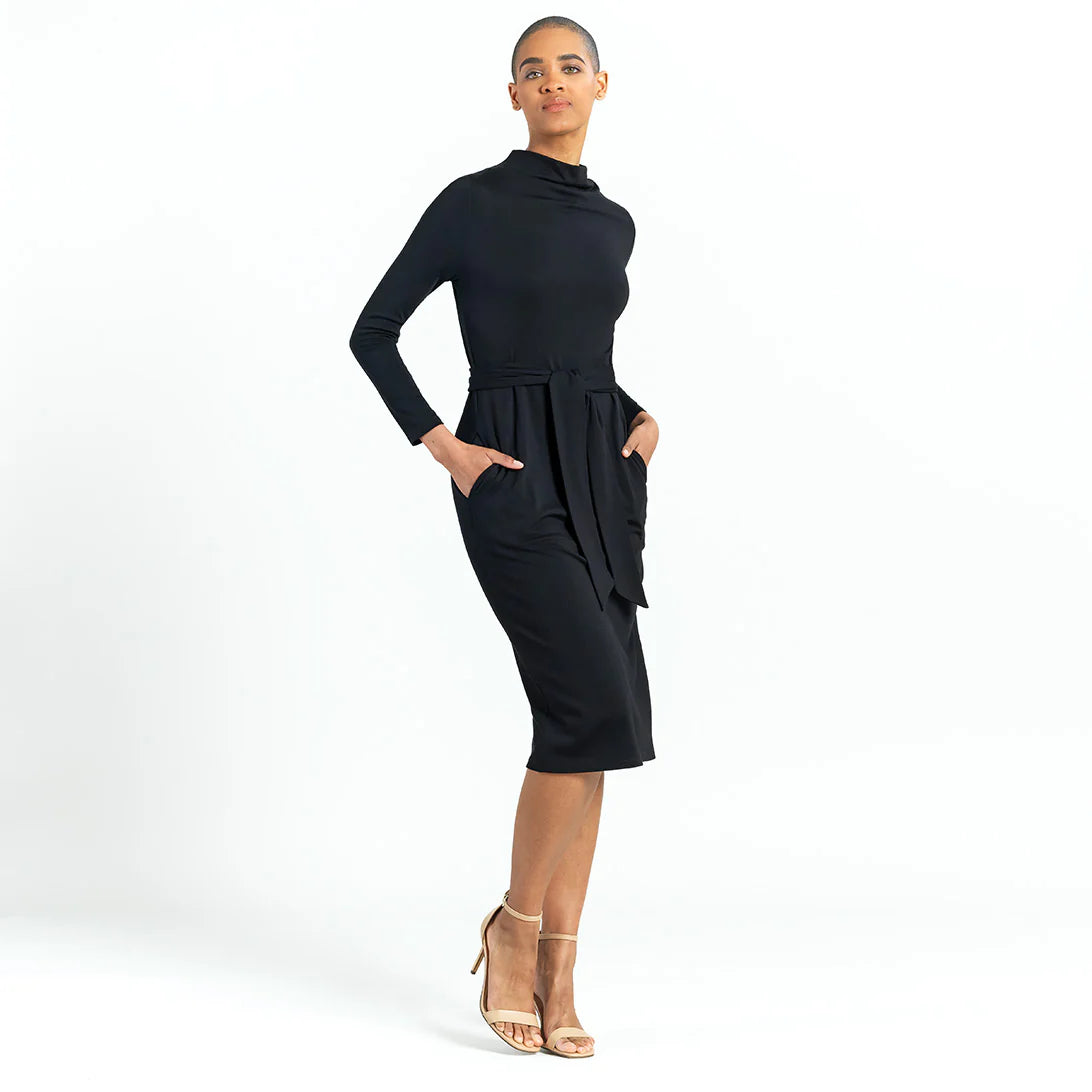 Lightweight Ponte - Tie Waist Pocket Midi Dress - Black