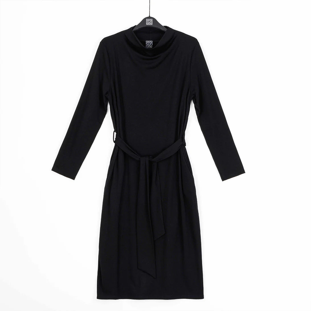 Lightweight Ponte - Tie Waist Pocket Midi Dress - Black
