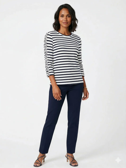 Jewel Neck Top with 3/4 Ruched Sleeves