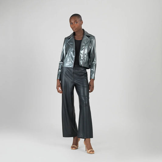 Vegan Sheen - Zip Cuff Moto Waist Jacket - Gunmetal