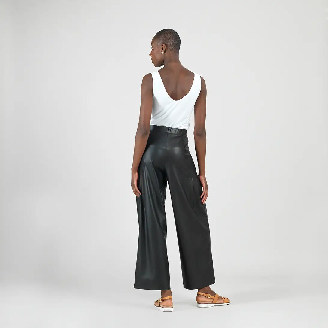 Liquid Leather Wide Leg Pant With Pleated Pockets