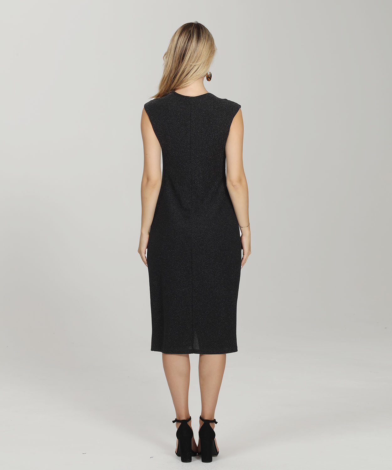 Sleeveless V-Neck Midi Glitter Dress, Front Twist & Split