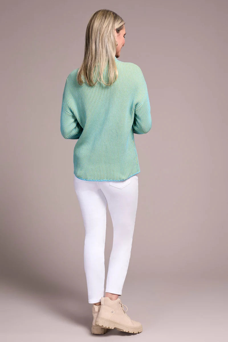 Combed Cotton Two-Tone Rib Funnel Neck Sweater