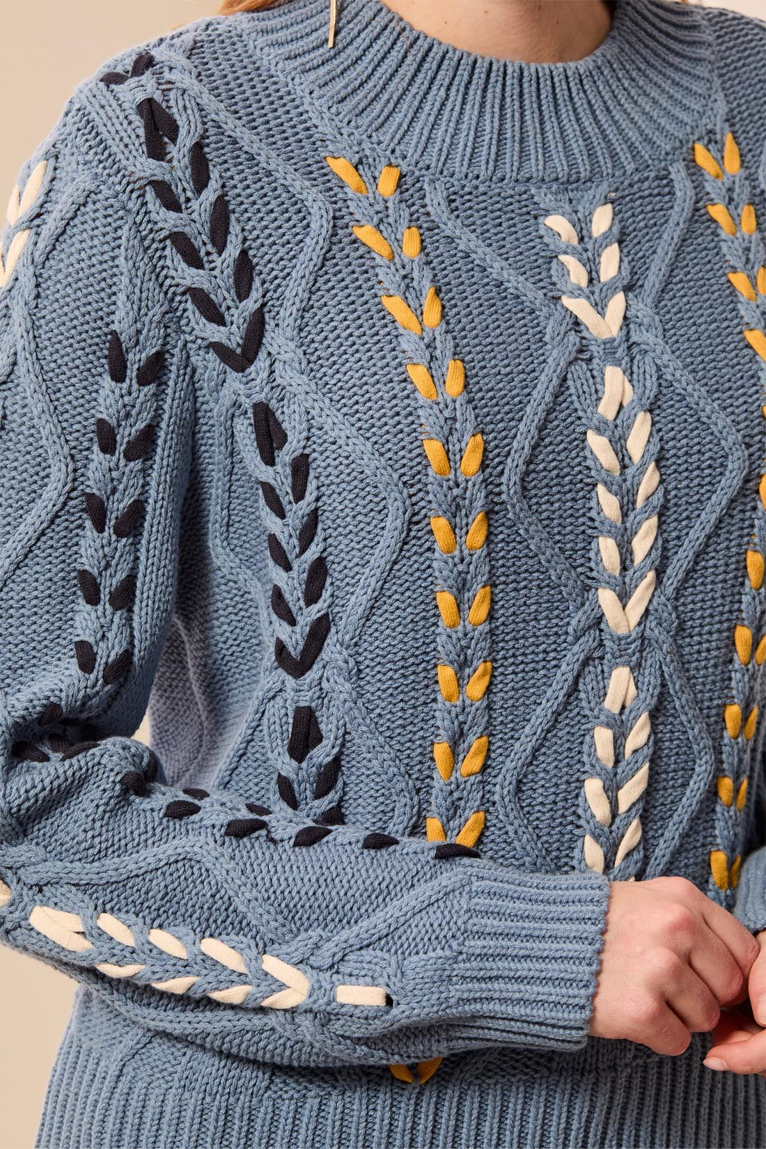 Contrast Lace-Up Cable Knit Crew Neck Sweater
