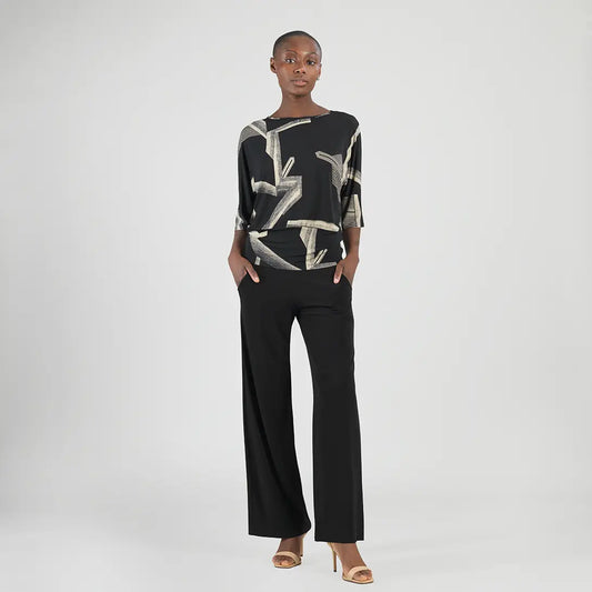 Linear Geo Print Soft Knit Top With Banded Hem