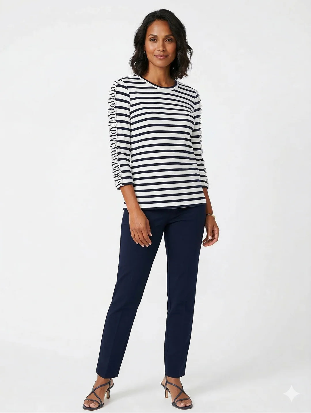 Jewel Neck Top with 3/4 Ruched Sleeves