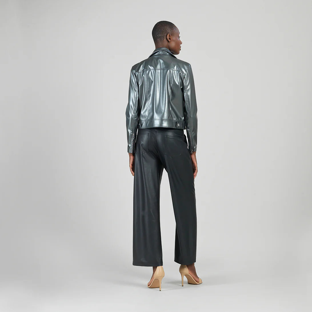 Vegan Sheen - Zip Cuff Moto Waist Jacket - Gunmetal