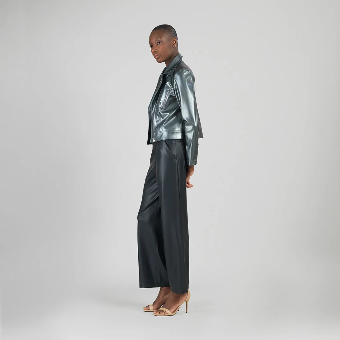 Vegan Sheen - Zip Cuff Moto Waist Jacket - Gunmetal