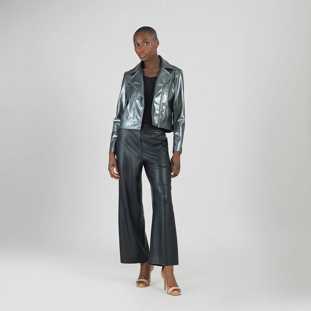 Vegan Sheen - Zip Cuff Moto Waist Jacket - Gunmetal
