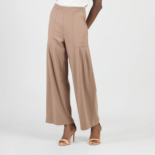 Rayon-Ponte Knit - Pleated Wide Leg Pocket Pant - Taupe