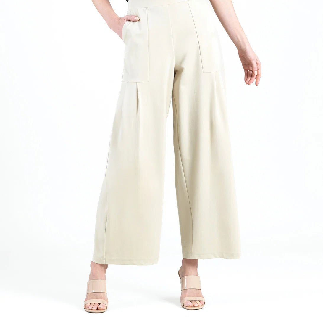 Rayon-Ponte Knit - Pleated Wide Leg Pocket Pants