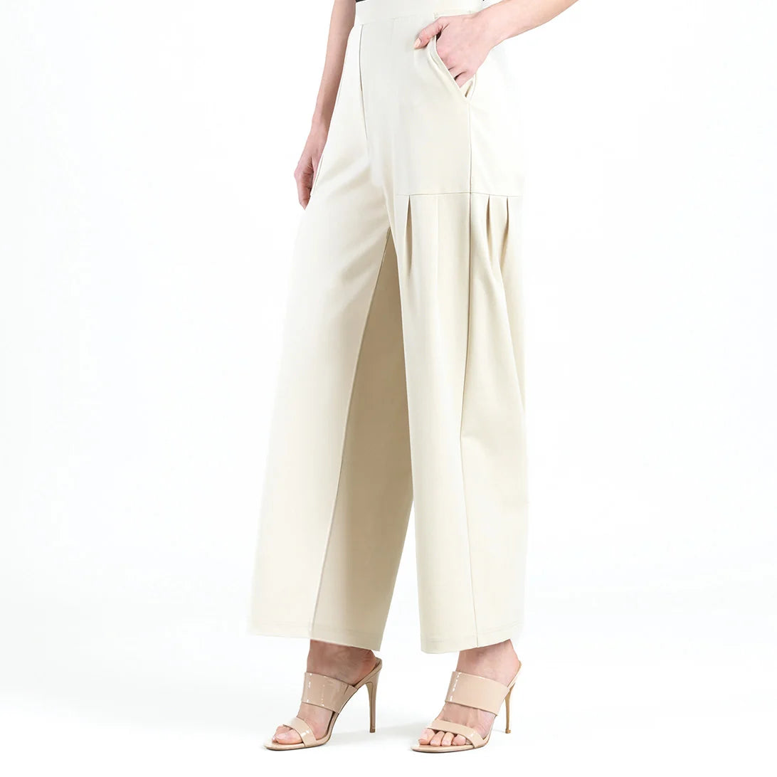 Rayon-Ponte Knit - Pleated Wide Leg Pocket Pants