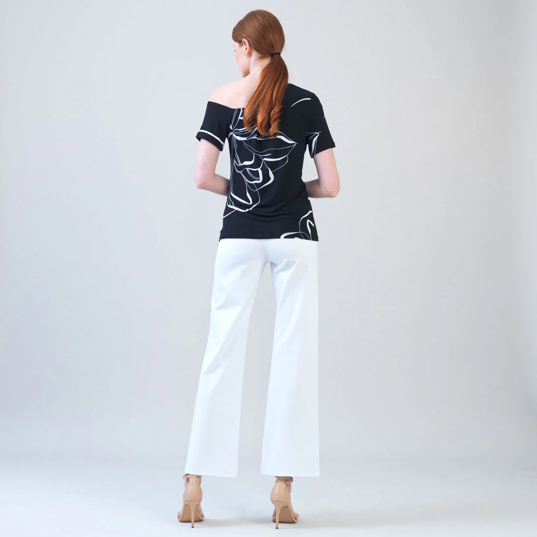Angular Drape Neck Off Shoulder Top - Floral Outline