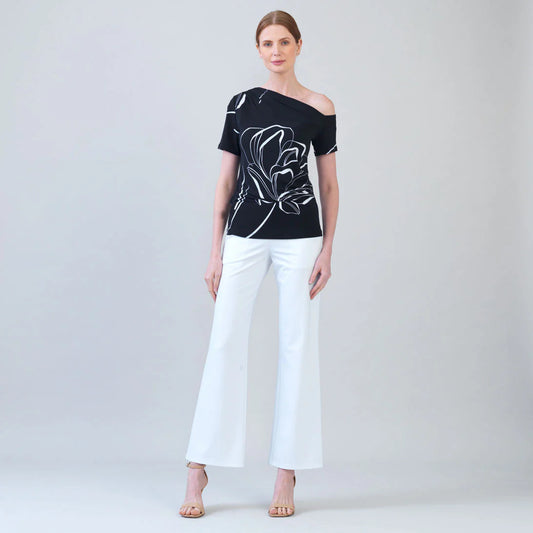 Angular Drape Neck Off Shoulder Top - Floral Outline