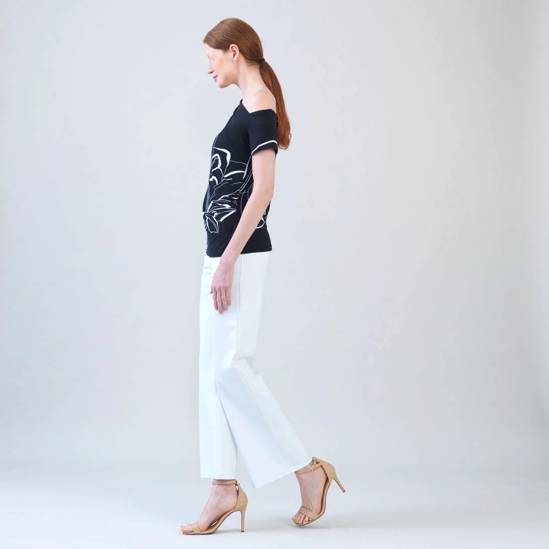 Angular Drape Neck Off Shoulder Top - Floral Outline