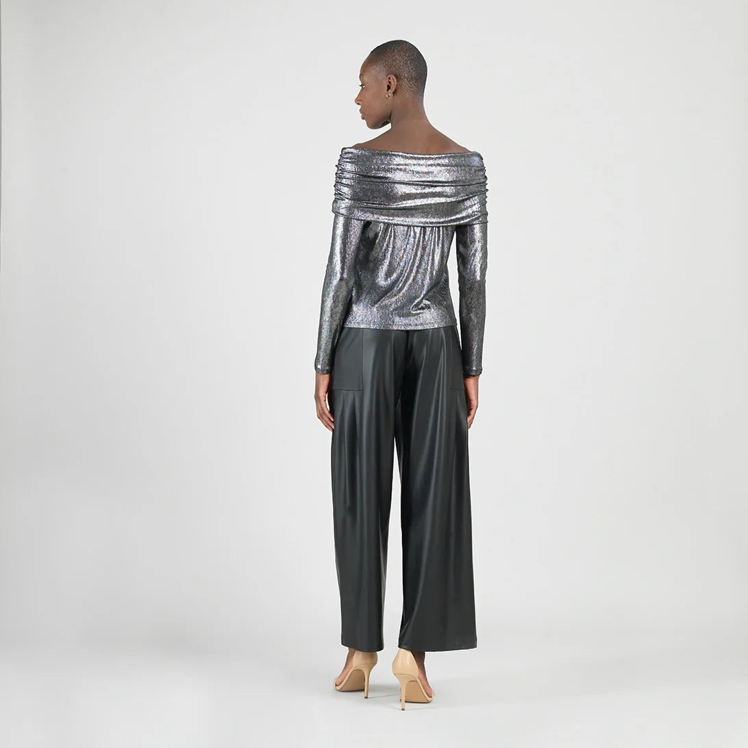 Metallic Shimmer - Ruched Off-Shoulder Top - Gunmetal