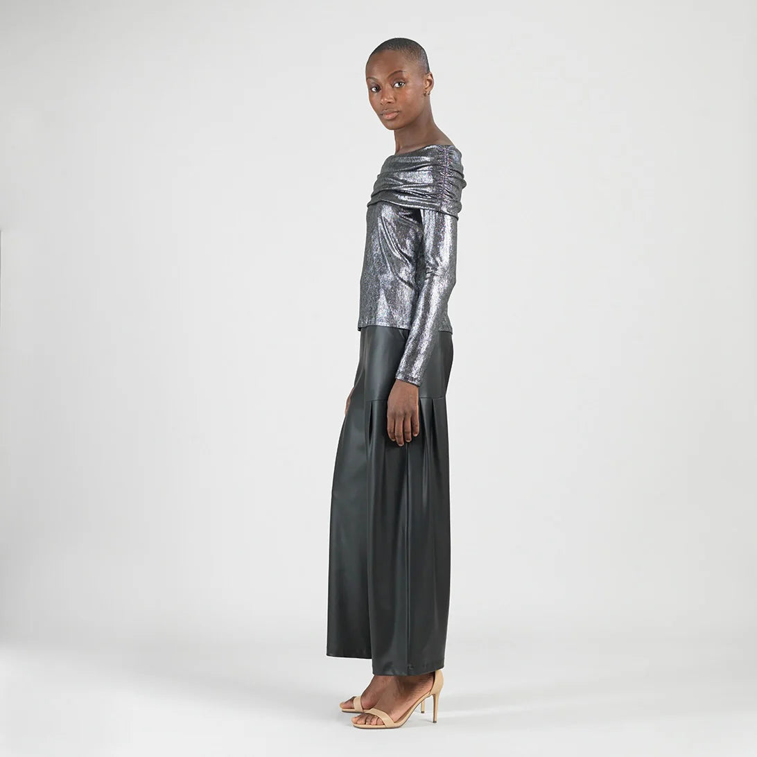 Metallic Shimmer - Ruched Off-Shoulder Top - Gunmetal