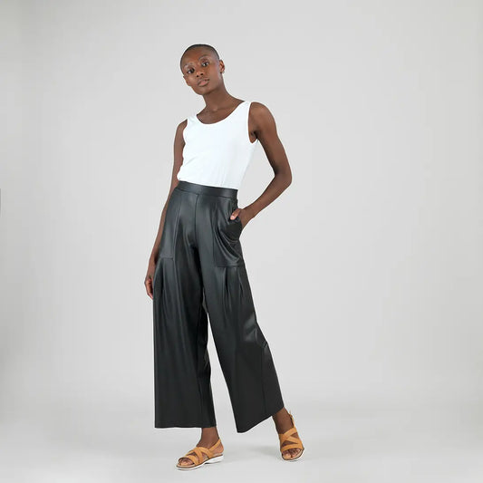 Liquid Leather Wide Leg Pant With Pleated Pockets