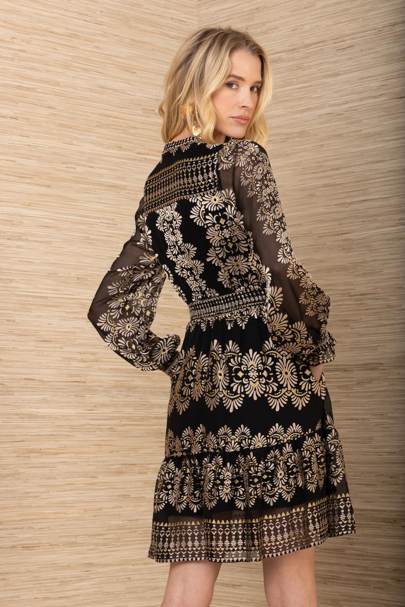Jaycee Slick Satin Black Burnout Long Sleeve Dress