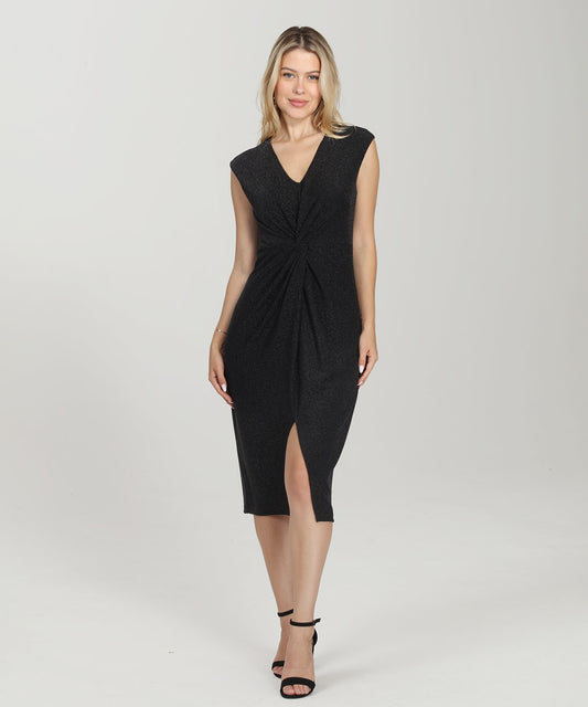 Sleeveless V-Neck Midi Glitter Dress, Front Twist & Split