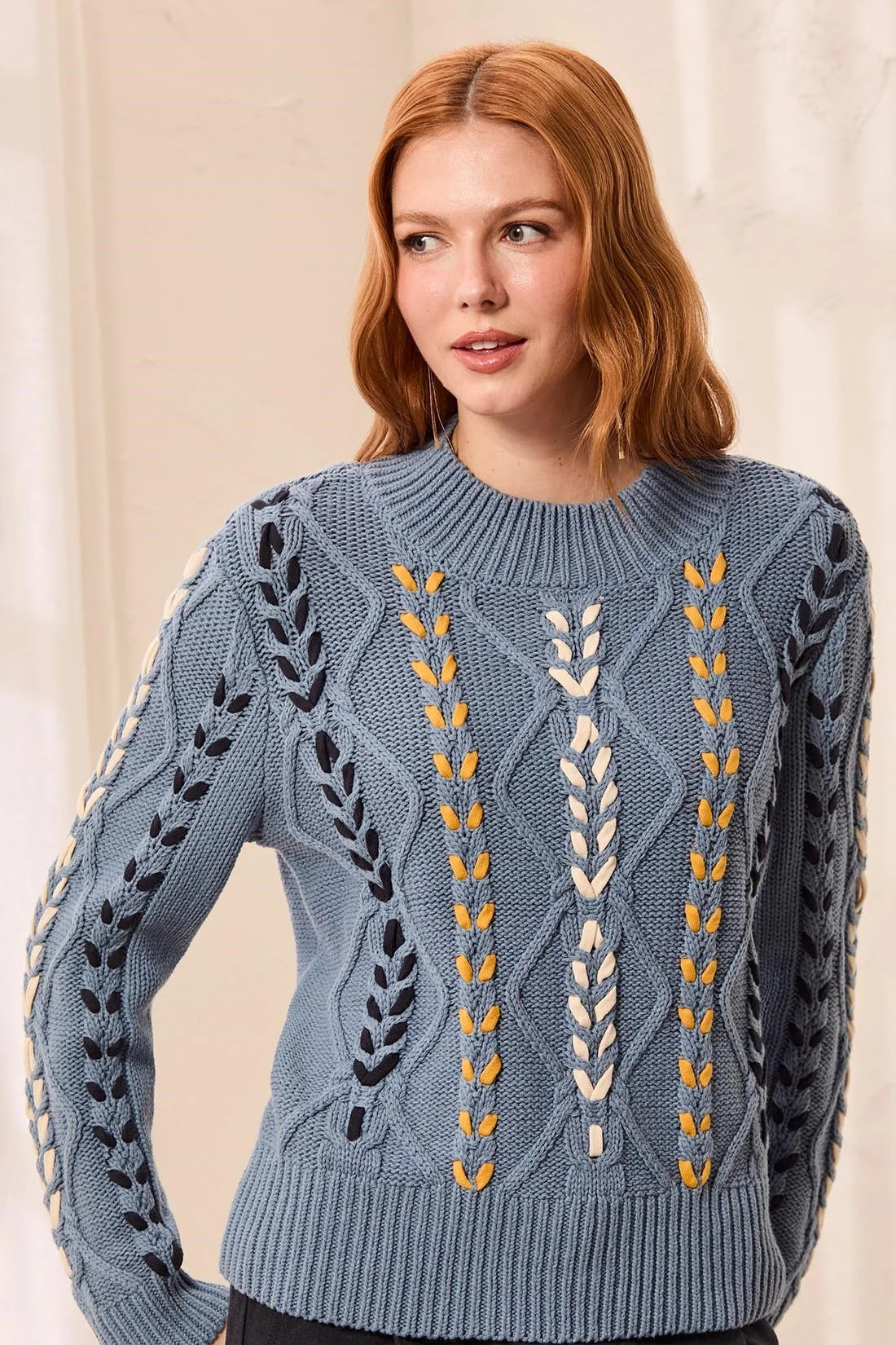 Contrast Lace-Up Cable Knit Crew Neck Sweater