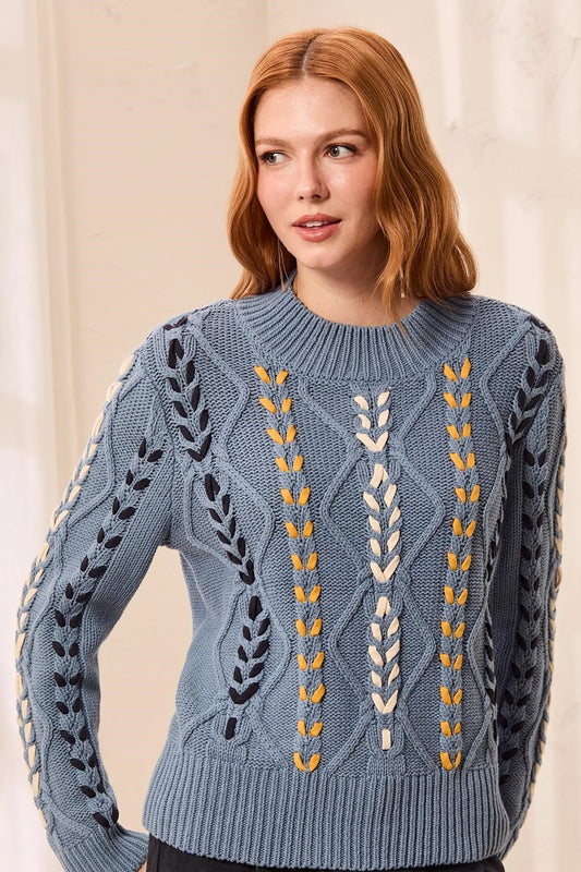 Contrast Lace-Up Cable Knit Crew Neck Sweater