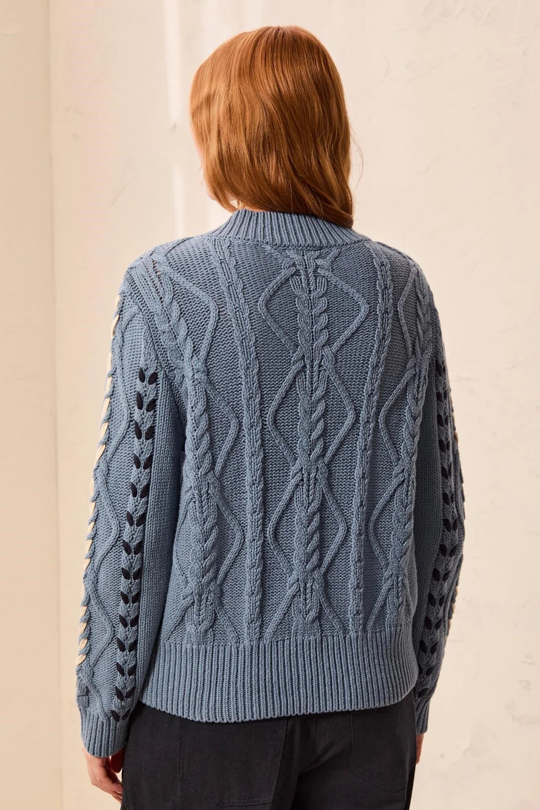 Contrast Lace-Up Cable Knit Crew Neck Sweater