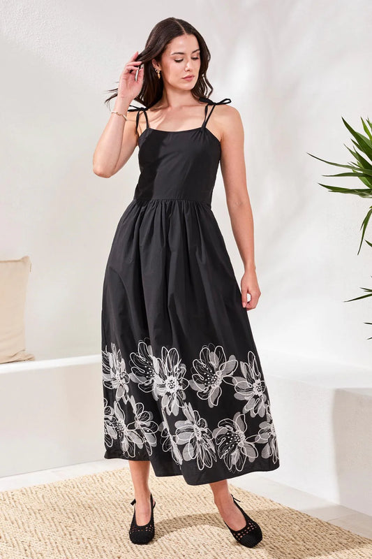 Poplin Midi Dress With Embroidered Hem and Tie Straps