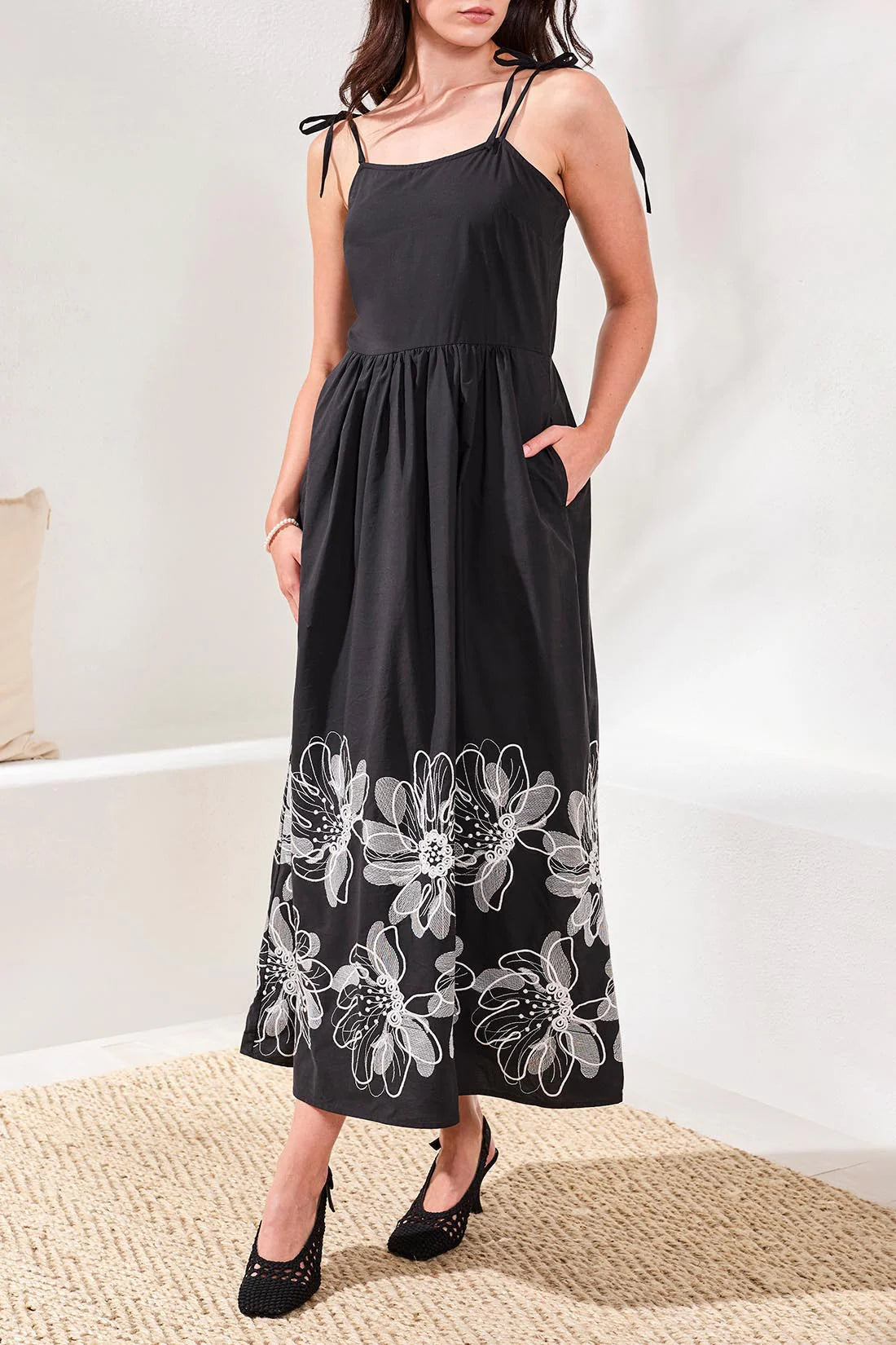 Poplin Midi Dress With Embroidered Hem and Tie Straps
