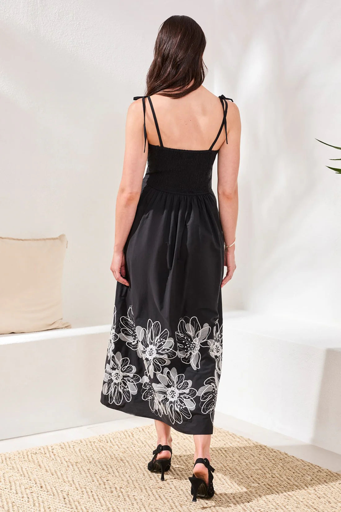 Poplin Midi Dress With Embroidered Hem and Tie Straps