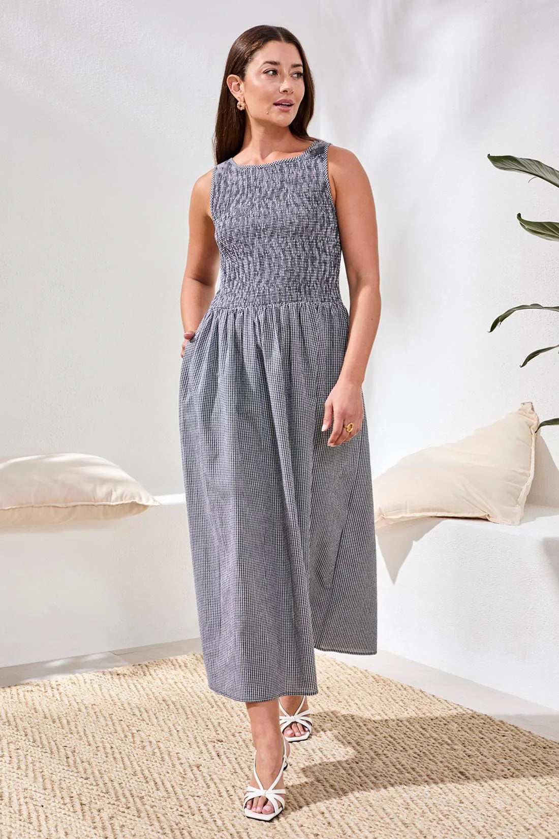 Gingham Smocked-Bodice Maxi Dress