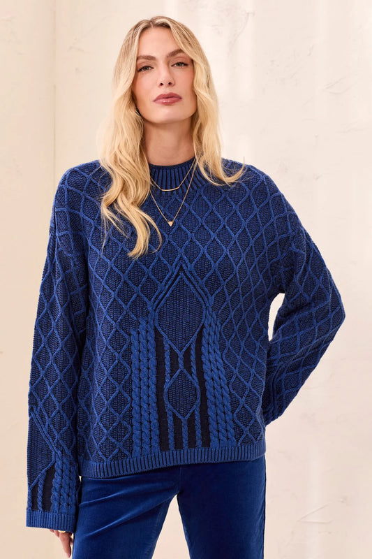 Mixed Cable Knit Long Sleeve Mock Neck Sweater