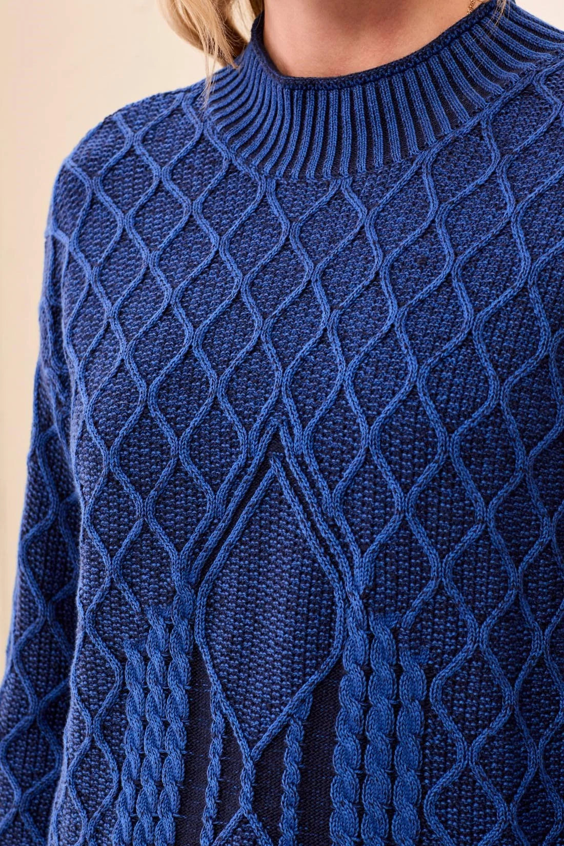 Mixed Cable Knit Long Sleeve Mock Neck Sweater