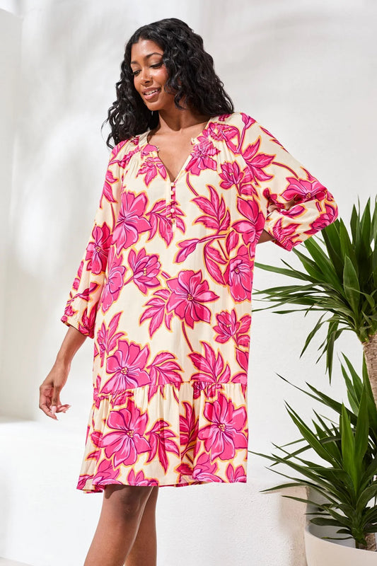 Notch Neck 3/4 Sleeve Tiered Tunic Dress