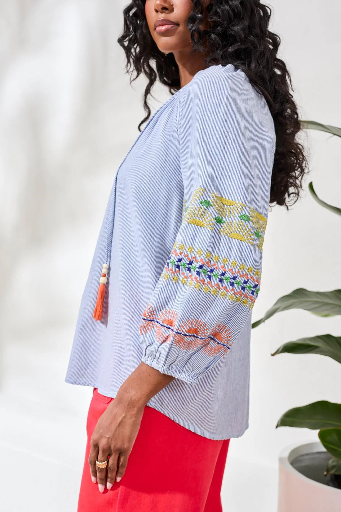 Embroidered Balloon Sleeve Tassel Tie Notch Neck Blouse