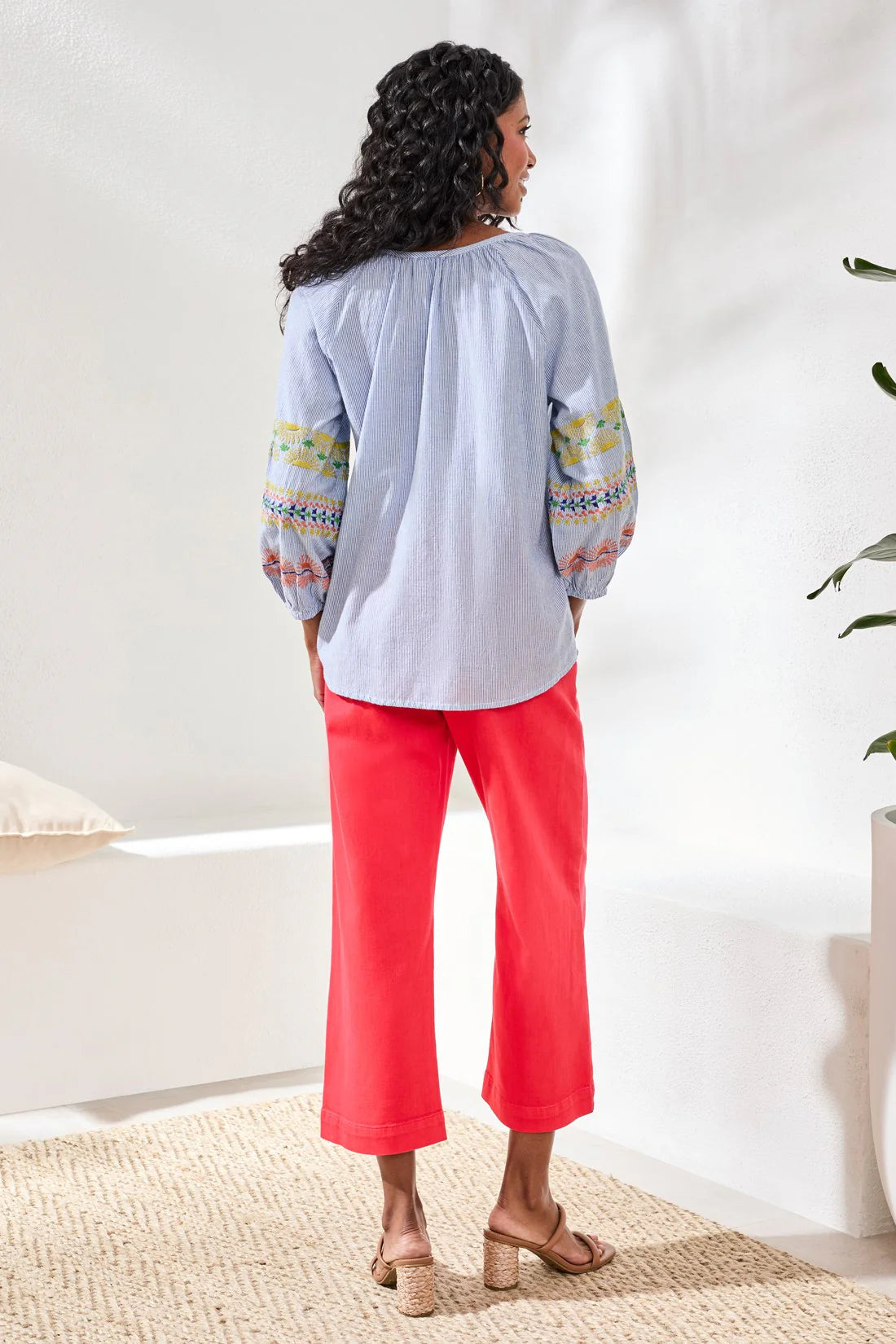 Embroidered Balloon Sleeve Tassel Tie Notch Neck Blouse