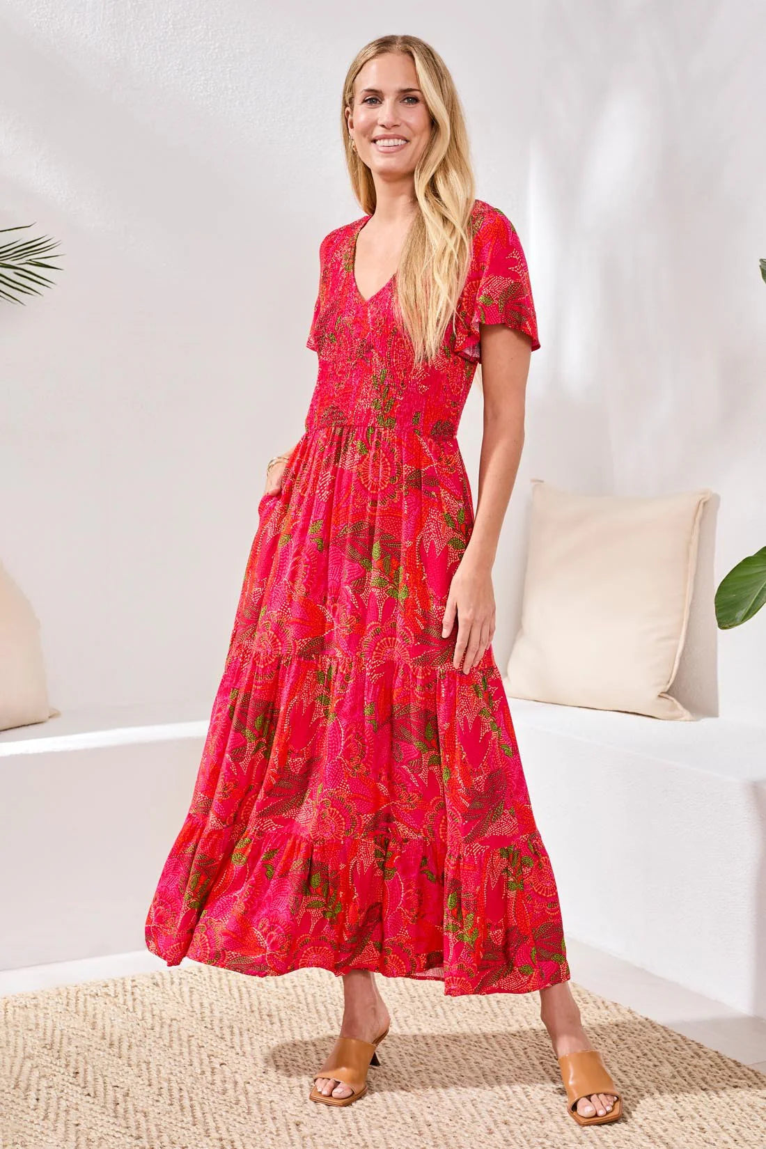 Ruched-Top Short Sleeve Maxi Dress