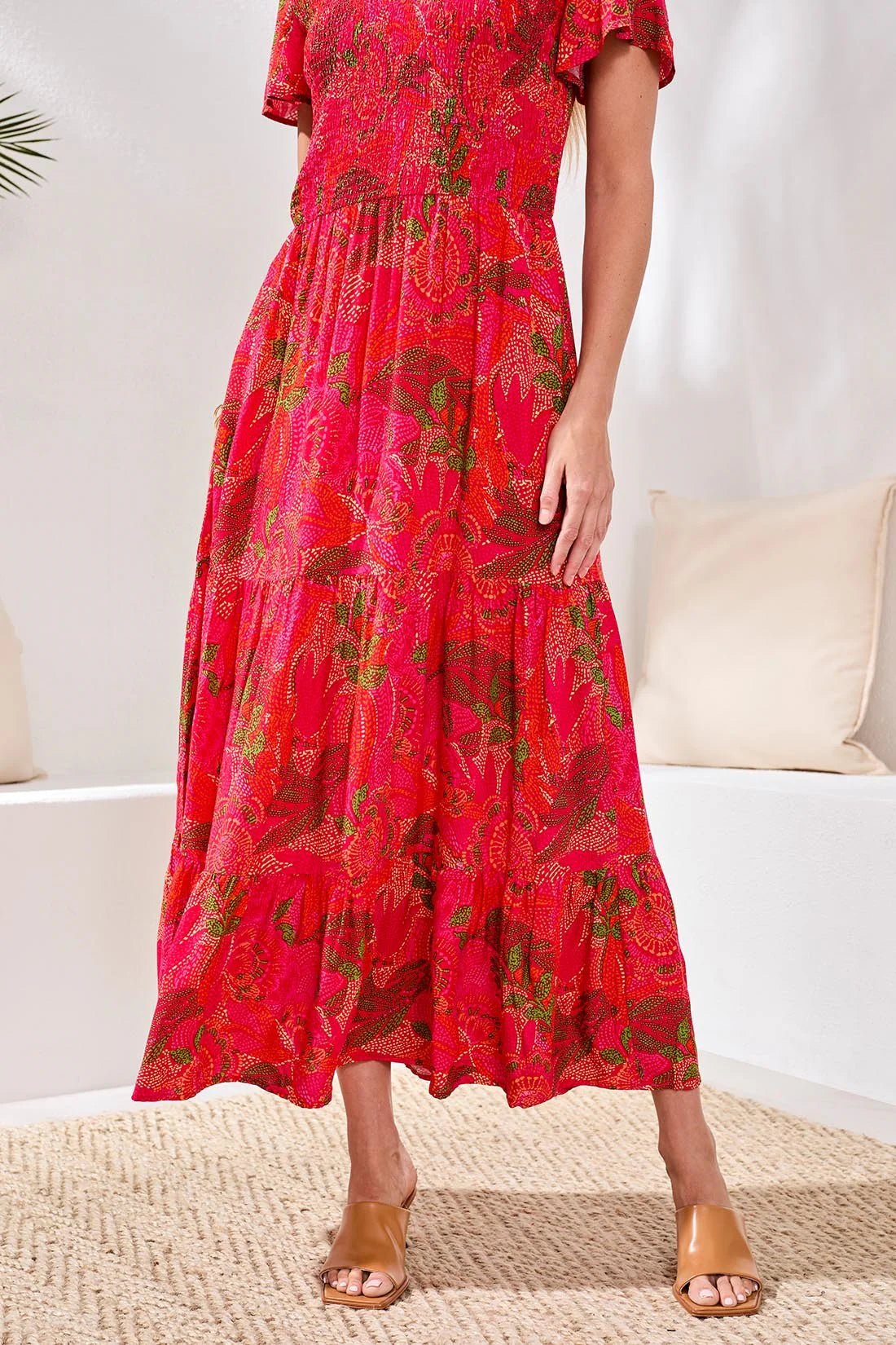 Ruched-Top Short Sleeve Maxi Dress