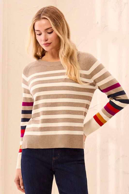 Soft Viscose Long Sleeve Crew Neck Stripe Sweater