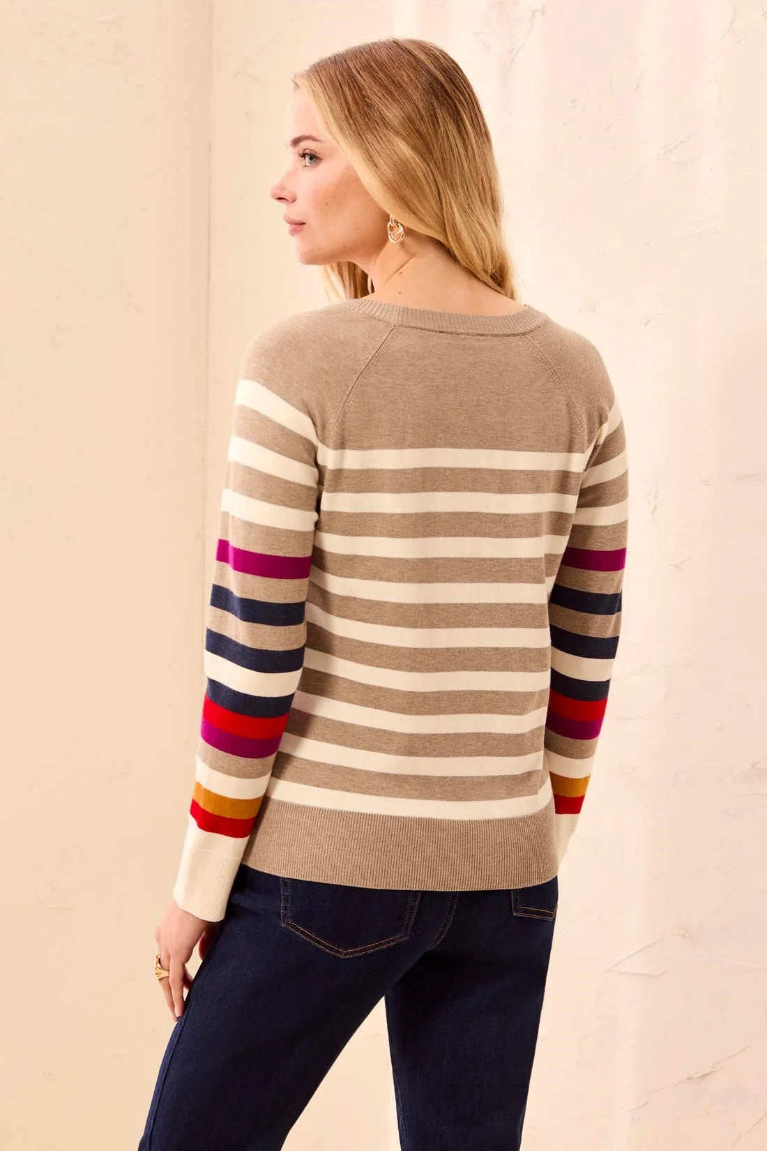Soft Viscose Long Sleeve Crew Neck Stripe Sweater