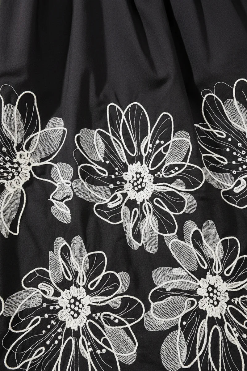 Poplin Midi Dress With Embroidered Hem and Tie Straps